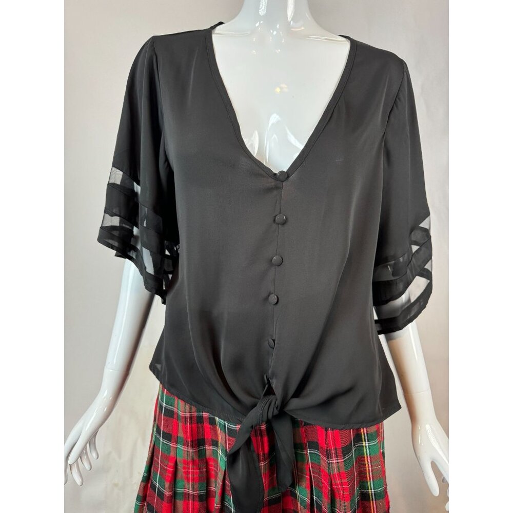Black V-Neck Blouse With Sheer Accent Sleeves & Tie-Front  Medium  Polyester